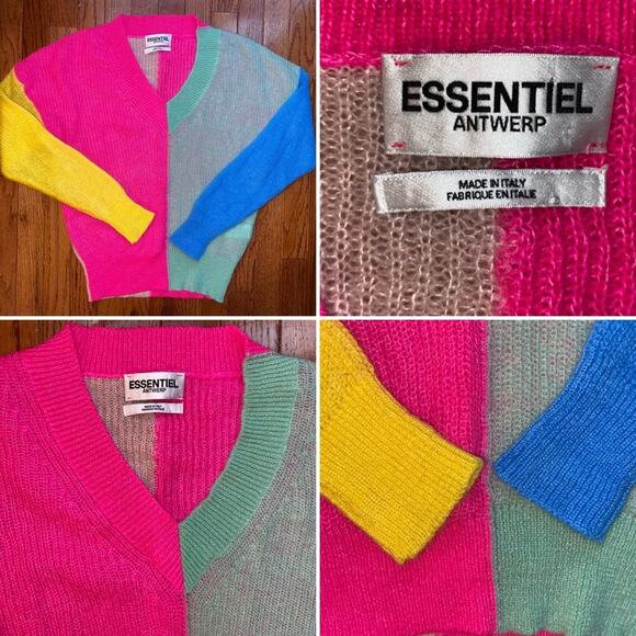 ESSENTIEL Antwerp $355 Vivar Colorblock V Neck Sweater Made In Italy XS US2 NWOT - Picture 1 of 14